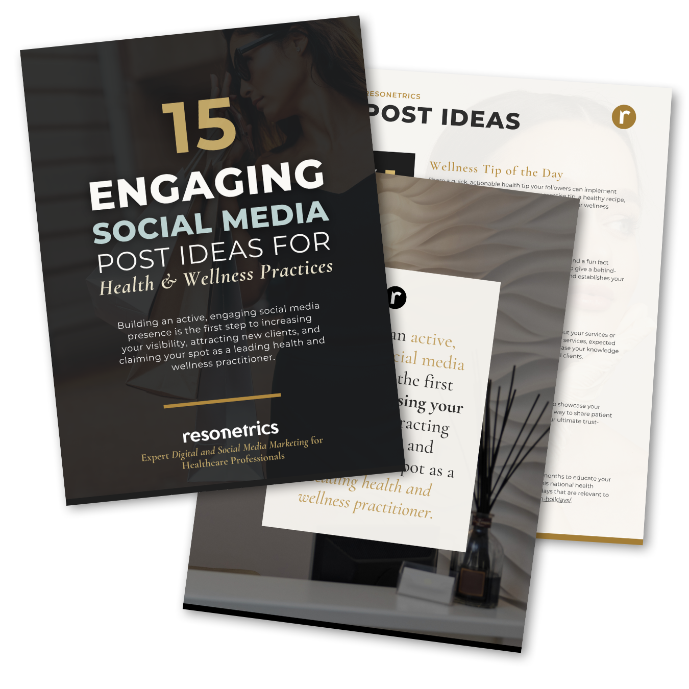 three pages of the 15 engaging social media post ideas guide stacked on top of each other