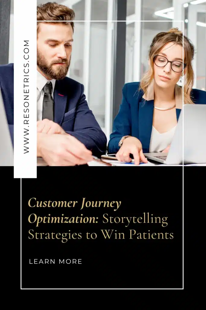 Two marketing professionals reviewing analytics data with overlay text at the bottom that reads “Customer Journey Optimization: Storytelling Strategies to Win Patients.” Top left has vertical text “WWW.RESONETRICS.COM.” Design emphasizes med spa SEO.
