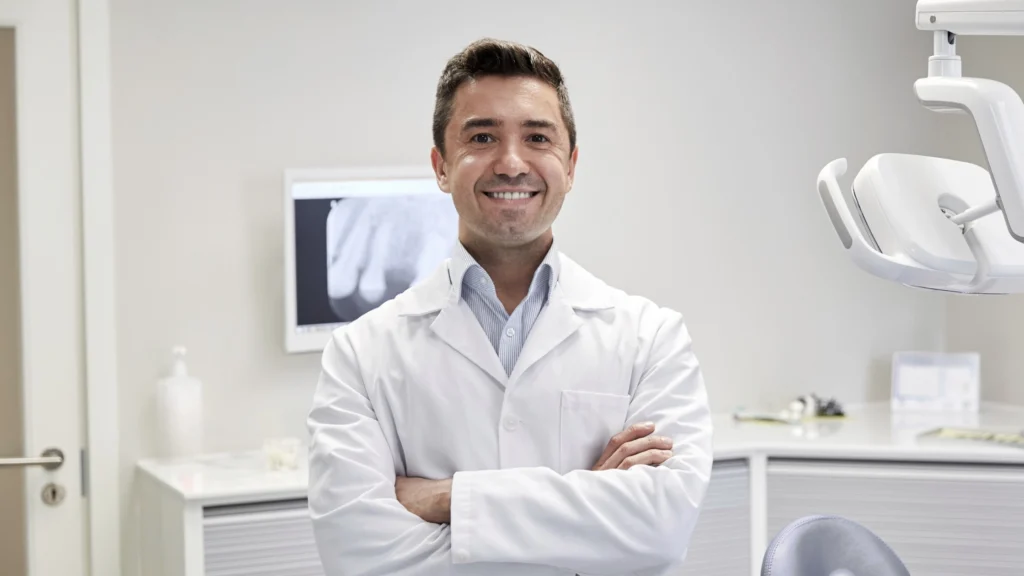 A smiling dentist stands in his exam room with dental X-rays displayed behind him, representing professional social media marketing for dentists and healthcare brands.