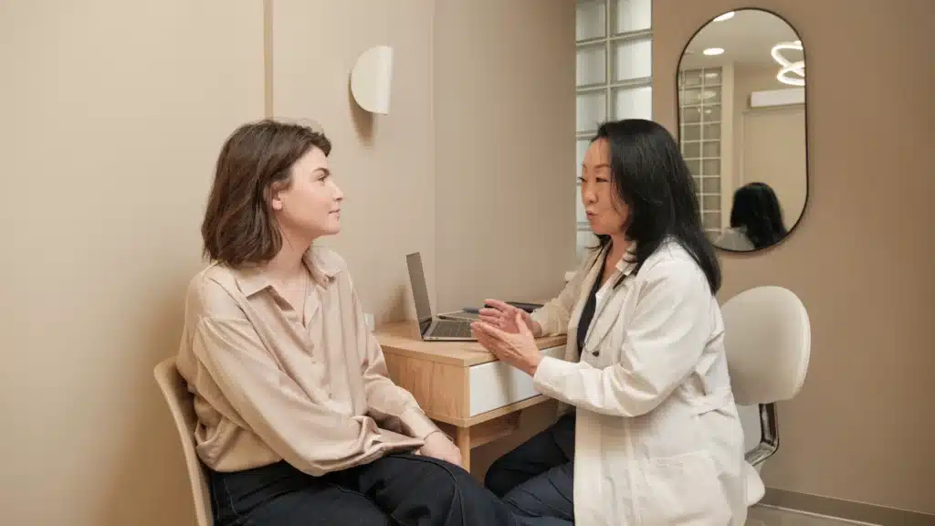 A picture showing a woman receiving a consultation in a modern med spa with soft lighting, representing med spa websites and marketing for medical spas.