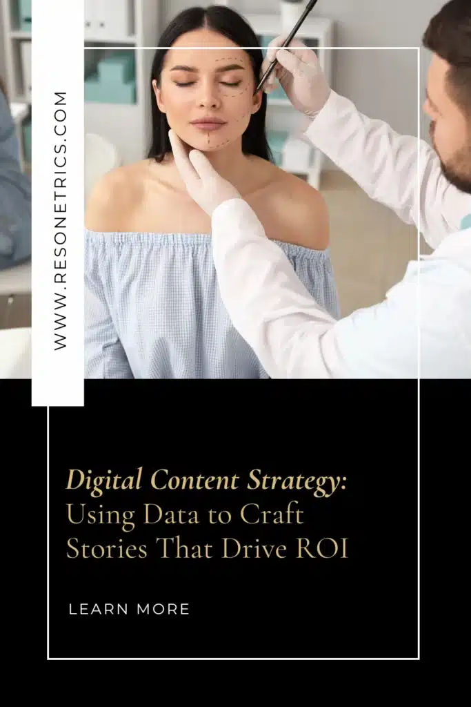 Woman in medspa getting face mapped, text reads “Digital Content Strategy” and www.resonetrics.com