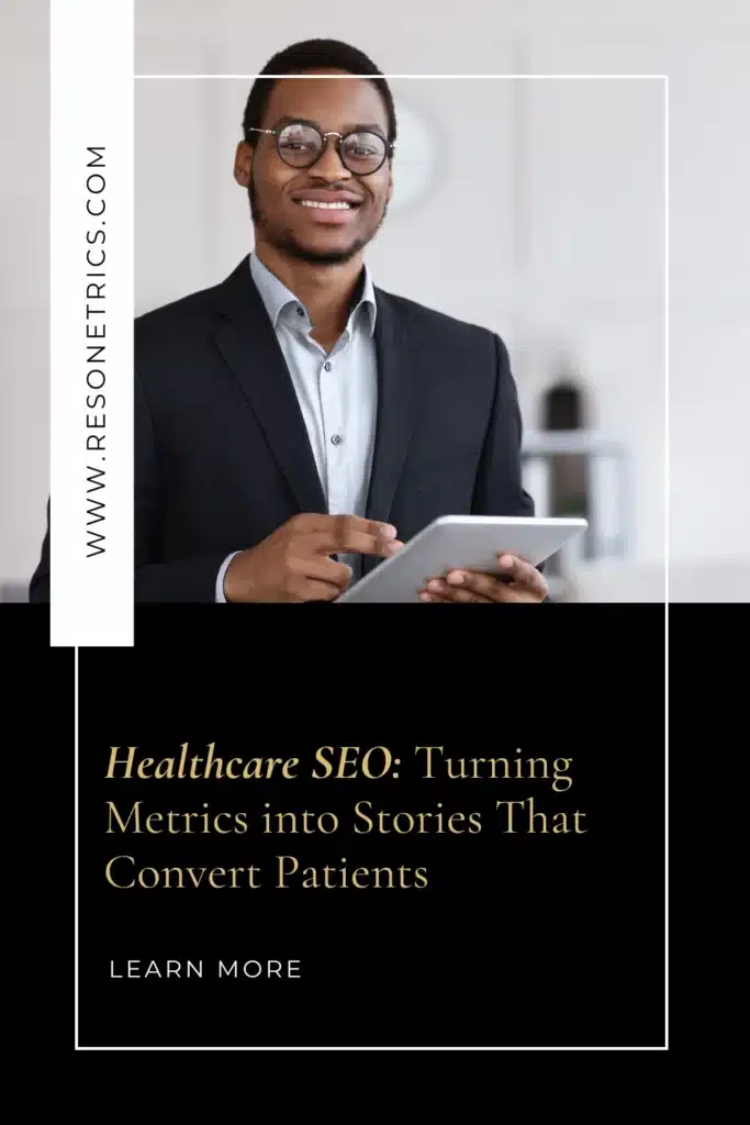 Business marketing professional using a tablet with text “Healthcare SEO: Turning Metrics into Stories That Convert Patients” focusing on HIPAA certification.