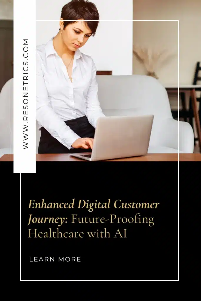 Image is of a medical marketing professional on a computer. Overlay text discusses enhanced digital customer journeys. “WWW.RESONETRICS.COM is displayed in top right corner”.