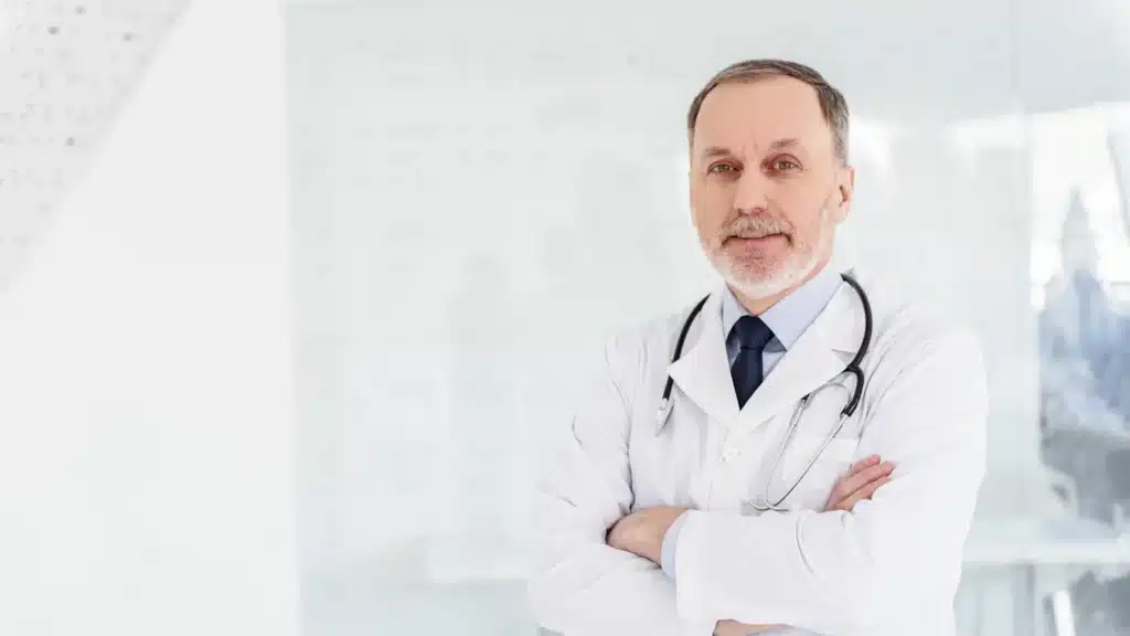 Image is of a medical professional in luxury healthcare in his office. 